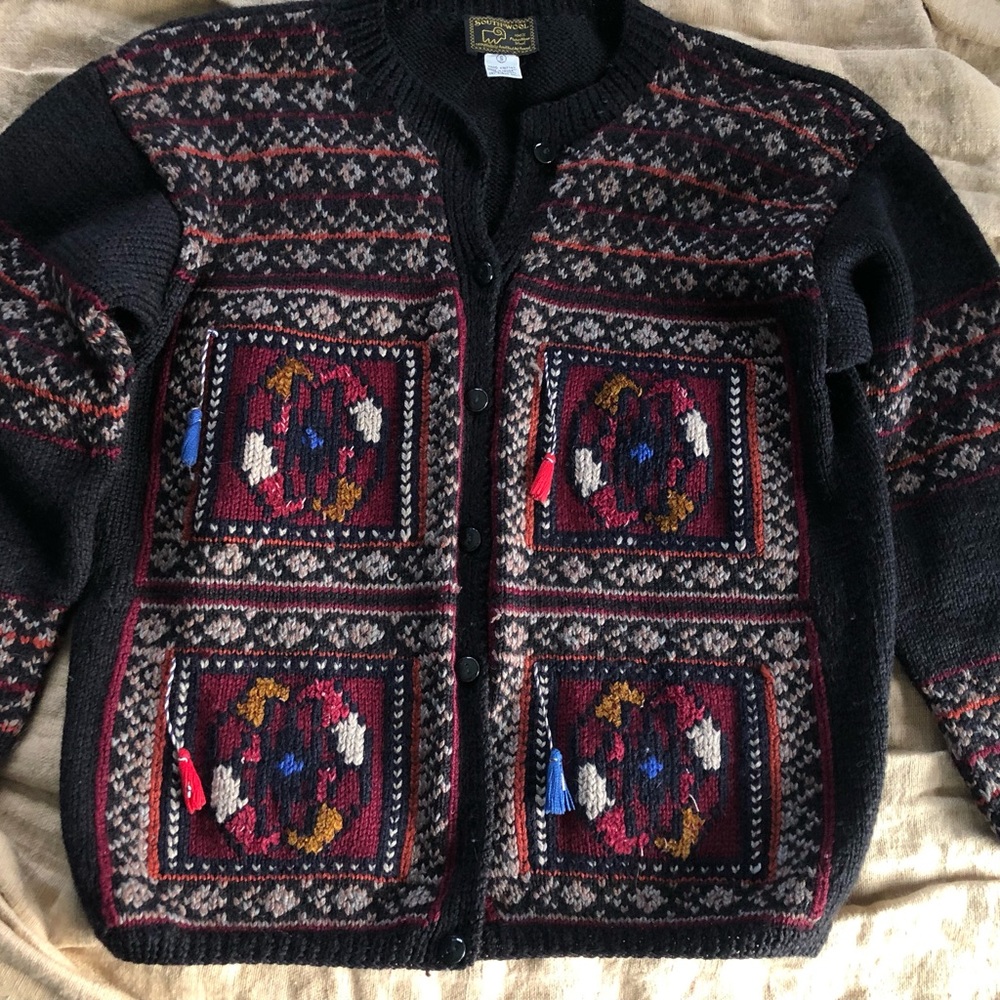 SOUTH WOOL womens S tassel Cardigan SWEATER 100% virgin WOOL Boho